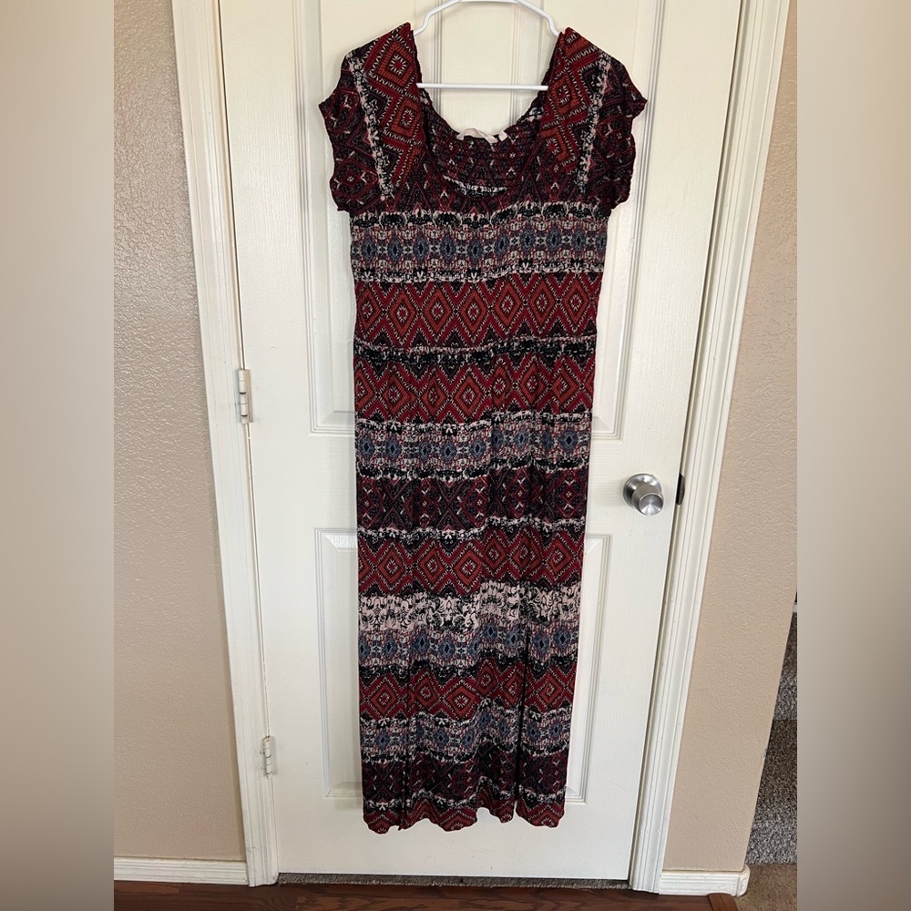 Soft Surroundings Boho Smocked Maxi Dress Red Geometric Print Rayon